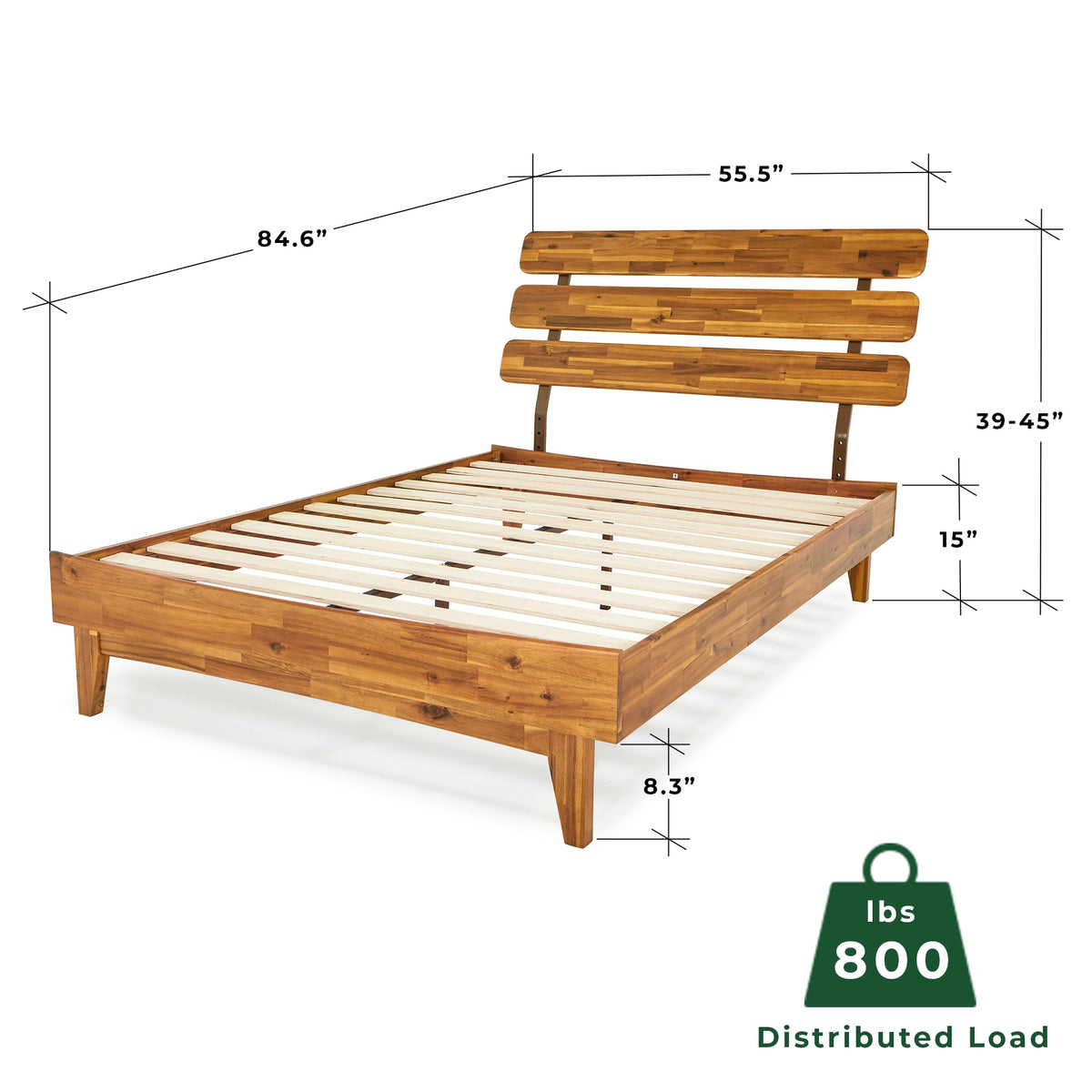 Caden full platform bed frame, featuring headboard and caramel finish, for mattress placement