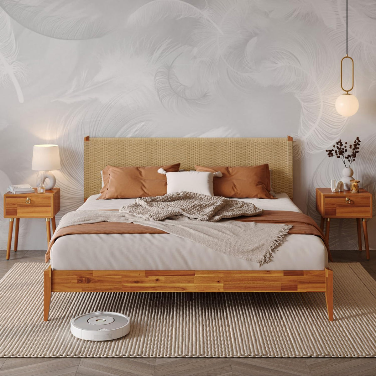 Selina king platform bed frame with caramel finish for bedroom setup