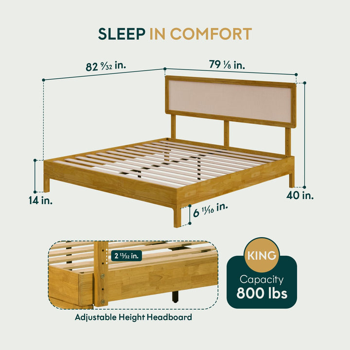 Nipe king platform bed frame, featuring headboard, for mattress placement
