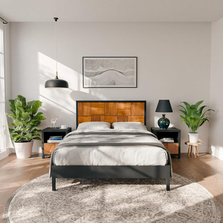 Madia queen platform bed frame with black & teak brown finish for bedroom setup