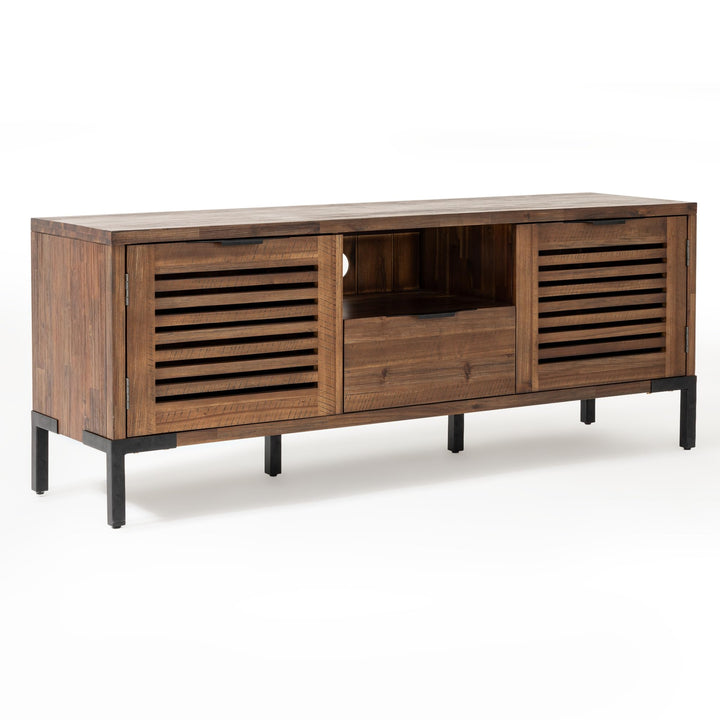 Millie TV stand with rustic chestnut finish and media storage; for living room setup
