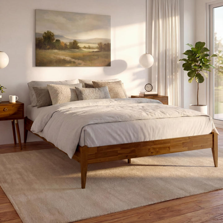 Dinkee queen platform bed frame with headboard- design and dark chocolate finish; for bedroom furniture