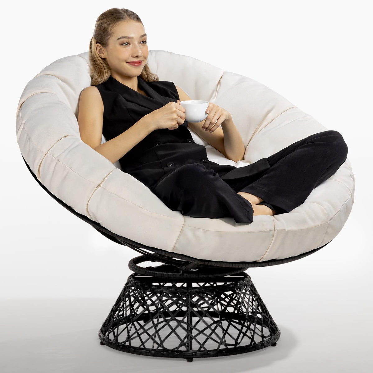 Papasan chair with arctic snow cushion and white frame for indoor lounge seating