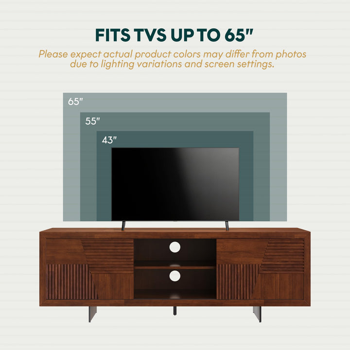 Trapeze TV stand with walnut finish and media storage; for a home entertainment area