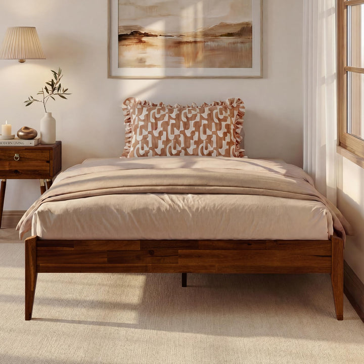 Dinkee full platform bed frame with headboard- design and dark chocolate finish for bedroom setup