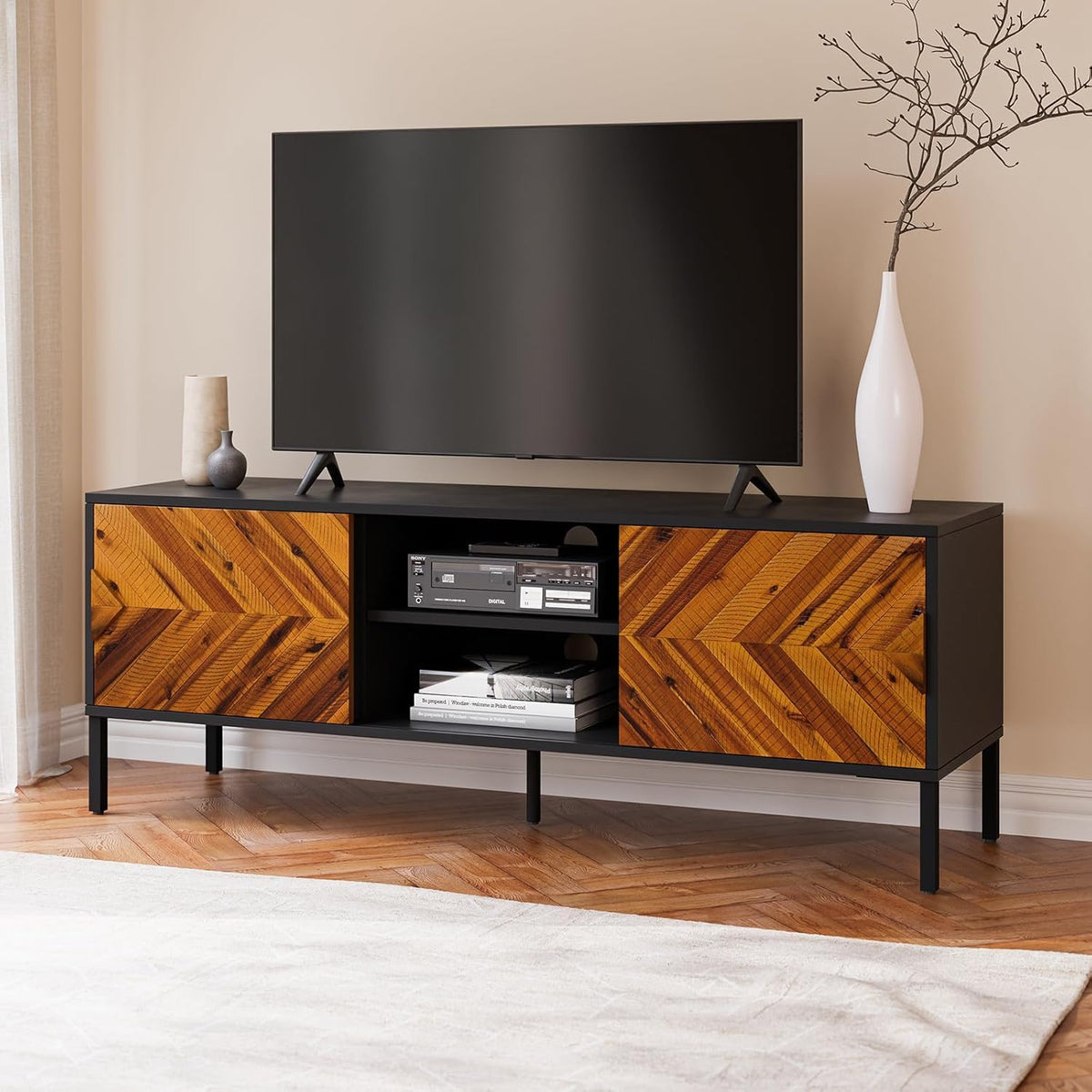 Vivian TV stand with rustic golden brown finish and media storage for media storage
