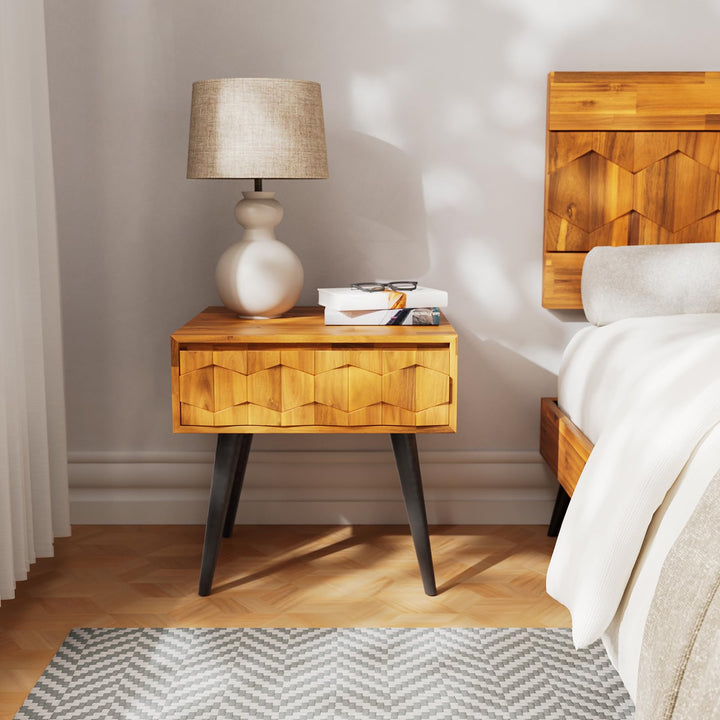 Georgina 1-drawer side table with teak brown finish and sofa-side or bedside table; for everyday side-table use