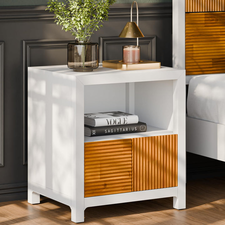 Madia nightstand with ivory white & teak brown finish and bedside storage for bedside storage