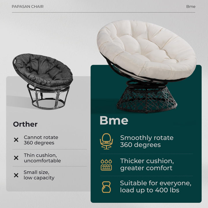 Papasan chair designed with arctic snow cushion and black frame for living room seating