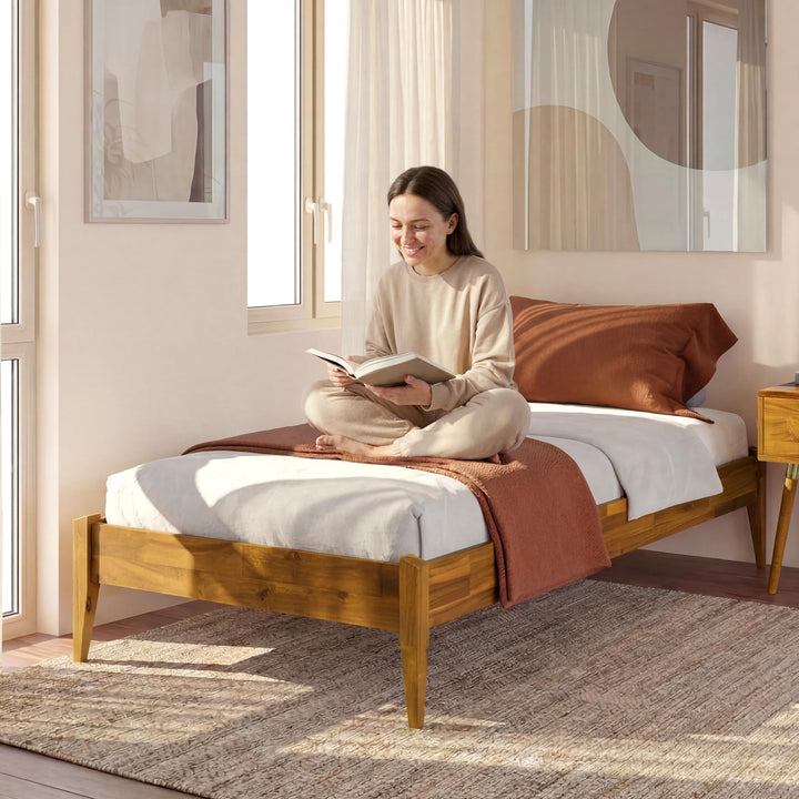 Dinkee twin platform bed frame with headboard- design and caramel finish; for coordinated bed furniture