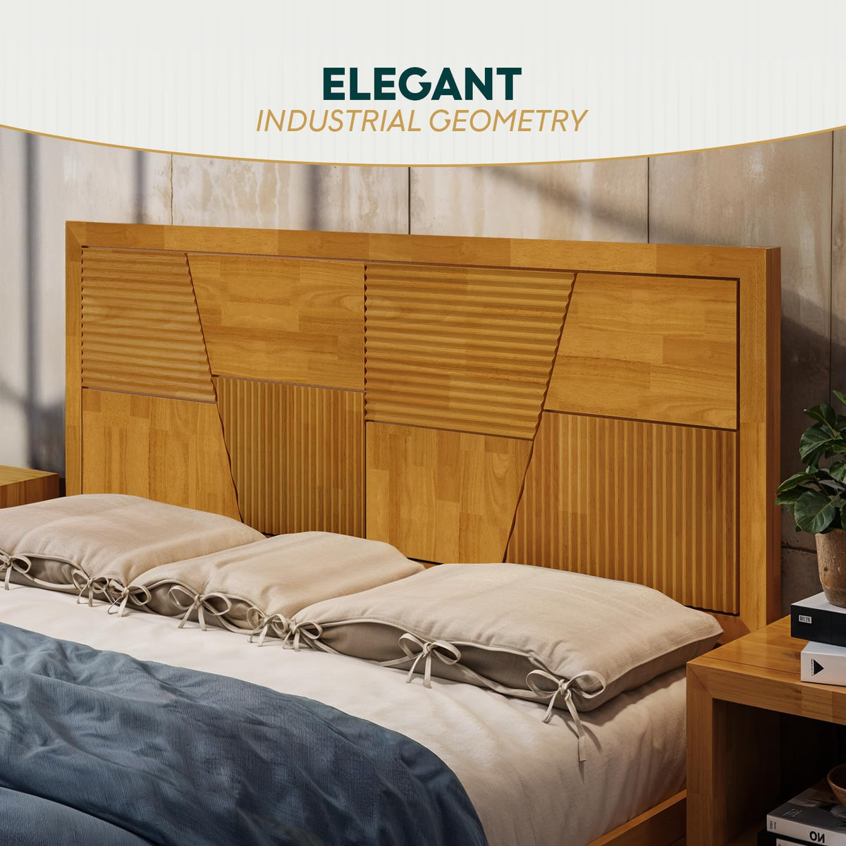 Trapeze queen platform bed frame designed with teak brown finish for a coordinated sleep space
