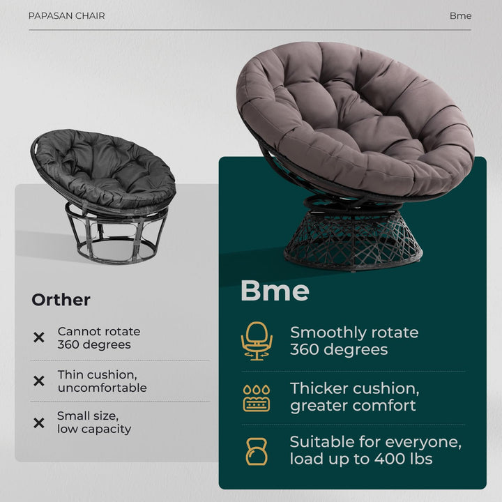 Papasan chair with smoky quartz cushion and black frame for casual indoor seating