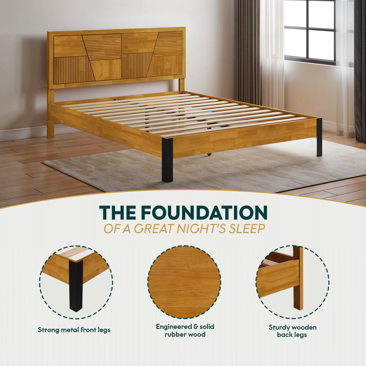 Trapeze queen platform bed frame with teak brown finish; for bedroom furniture