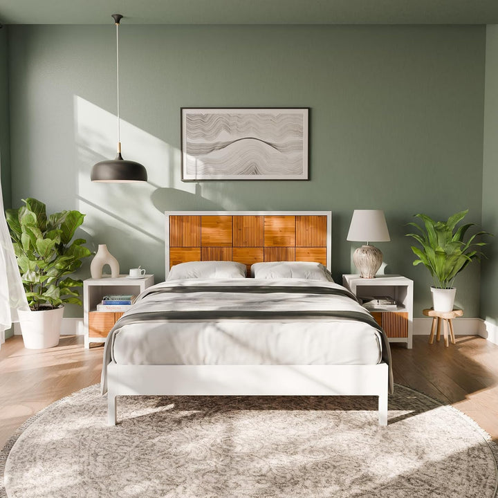 Madia queen platform bed frame with ivory white & teak brown finish for bedroom setup