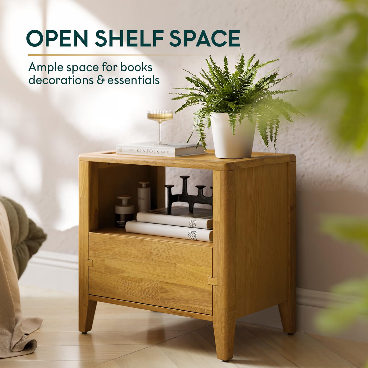 Chalipa 1-drawer nightstand with golden natural finish and bedside storage; for bedside essentials