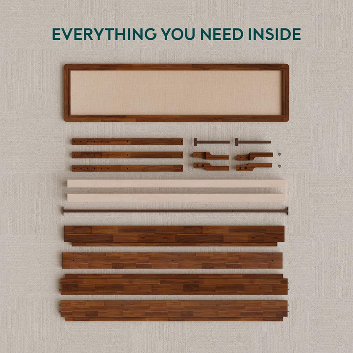 Nipe king platform bed frame with headboard, solid acacia wood, and dark chocolate finish; for sleep-space furnishing