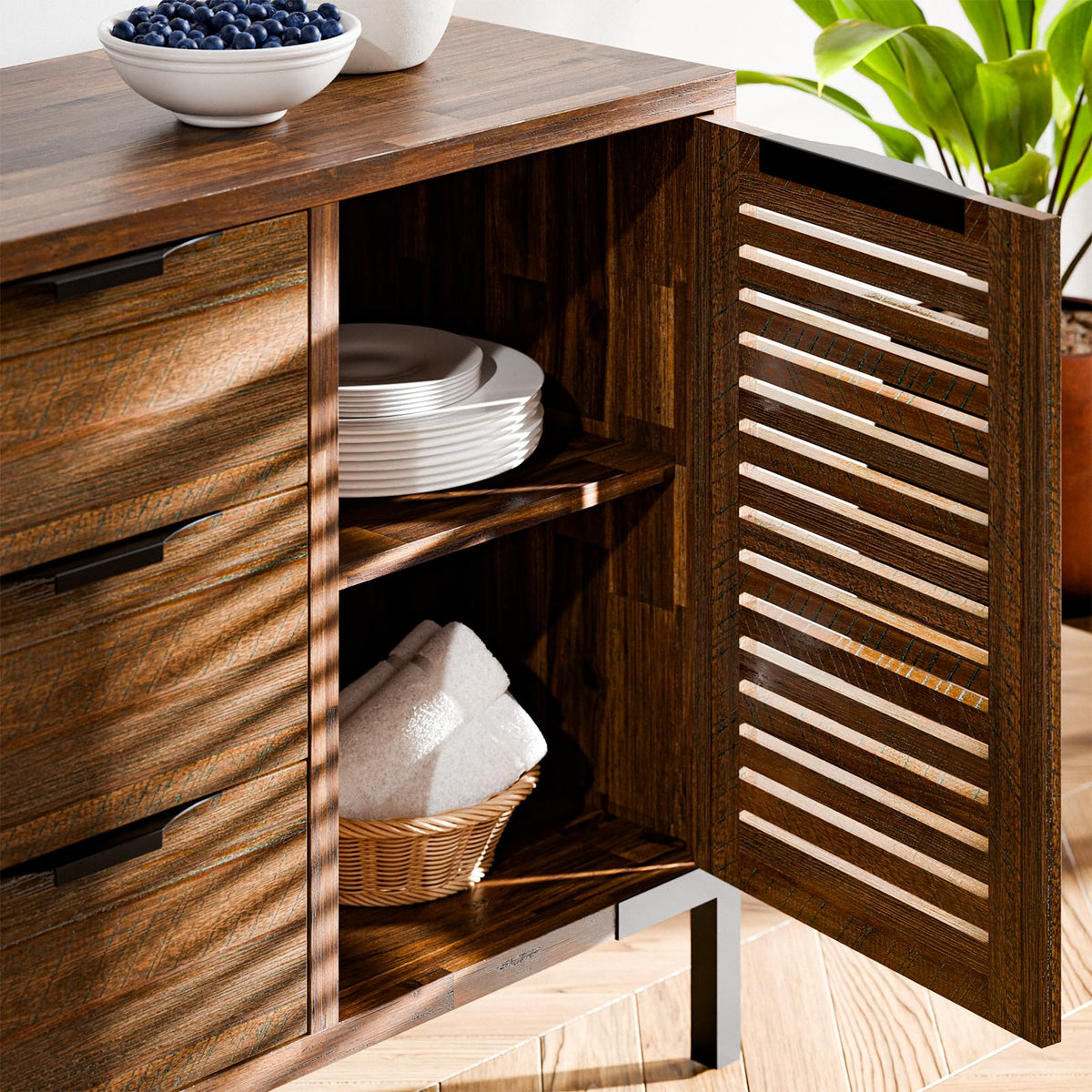 Millie sideboard cabinet designed with rustic chestnut finish and dining or living room storage for decor display