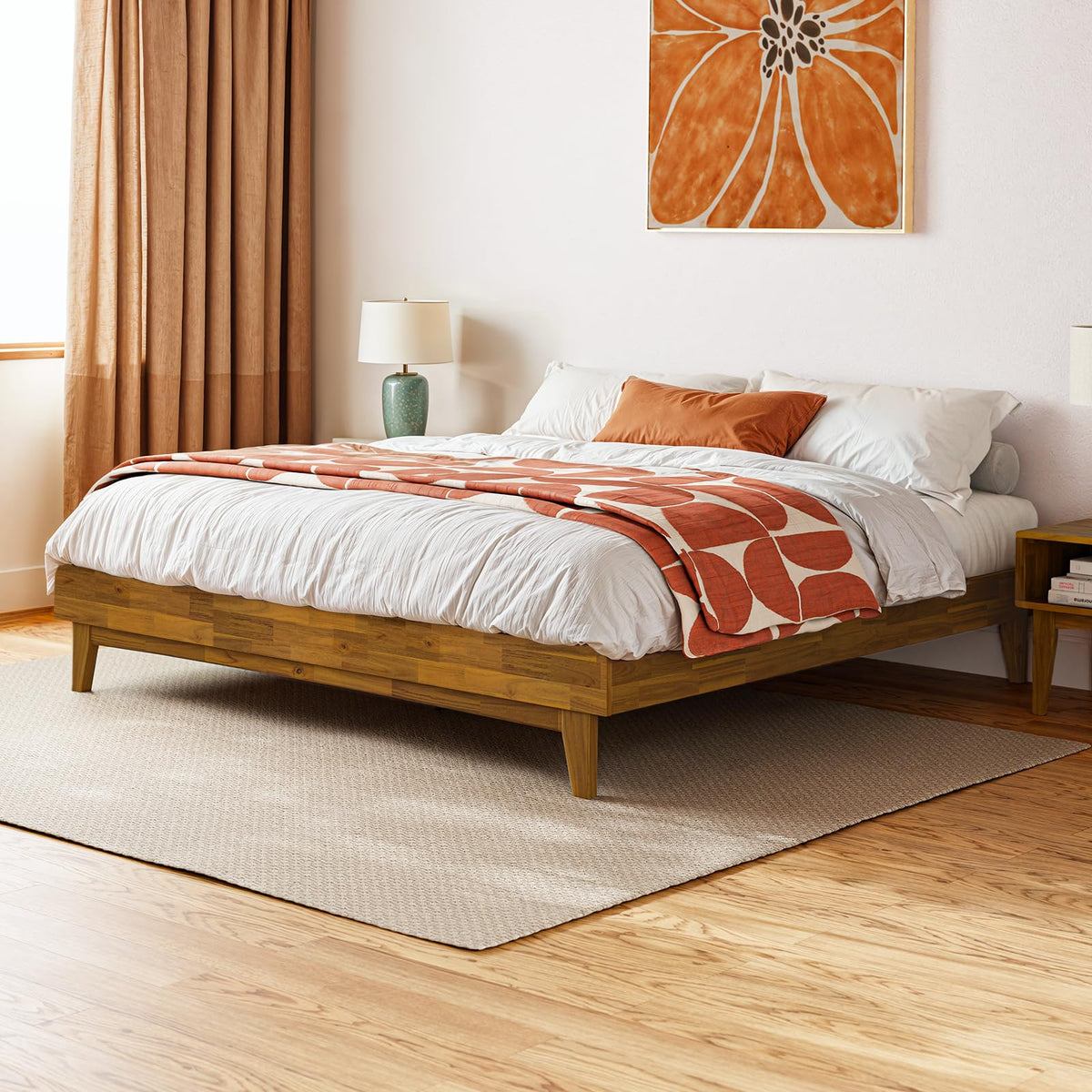 Catherine king platform bed frame with teak brown finish for bedroom setup