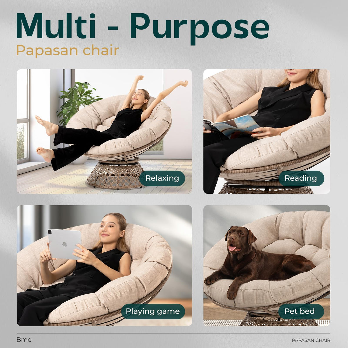 Metal oversized swivel papasan chair with beige cushion, brown frame, and oversized swivel design; for relaxation