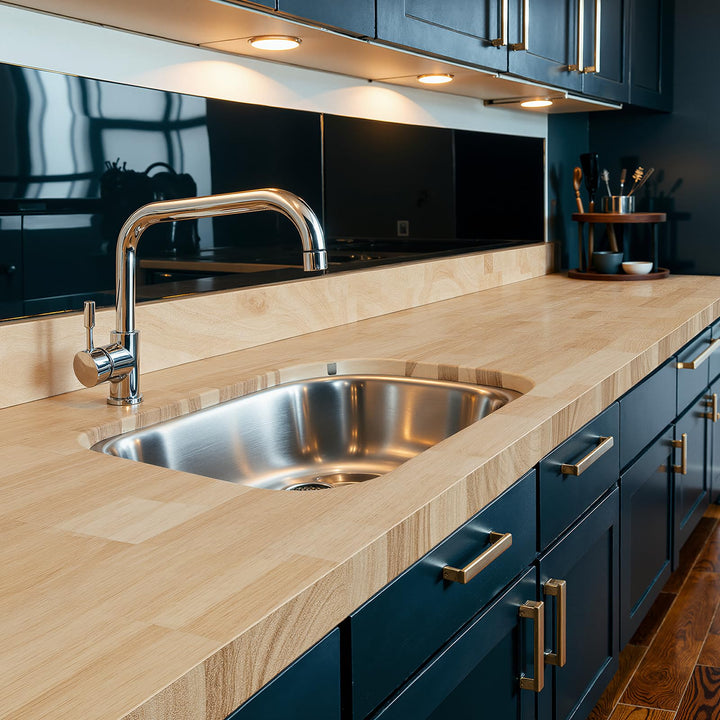 Hevea wood butcher block backsplash designed with 8 ft x 4 in x 1.5 in for countertop projects
