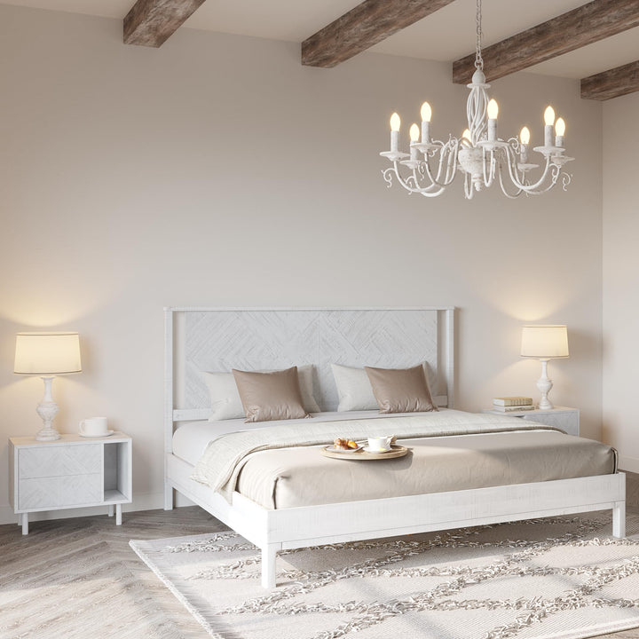 Ethan king platform bed frame with headboard and rustic white finish; for sleep-space furnishing