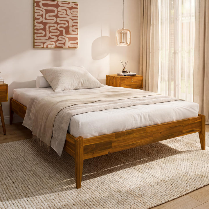 Dinkee full platform bed frame with headboard- design and caramel finish; for bedroom furniture