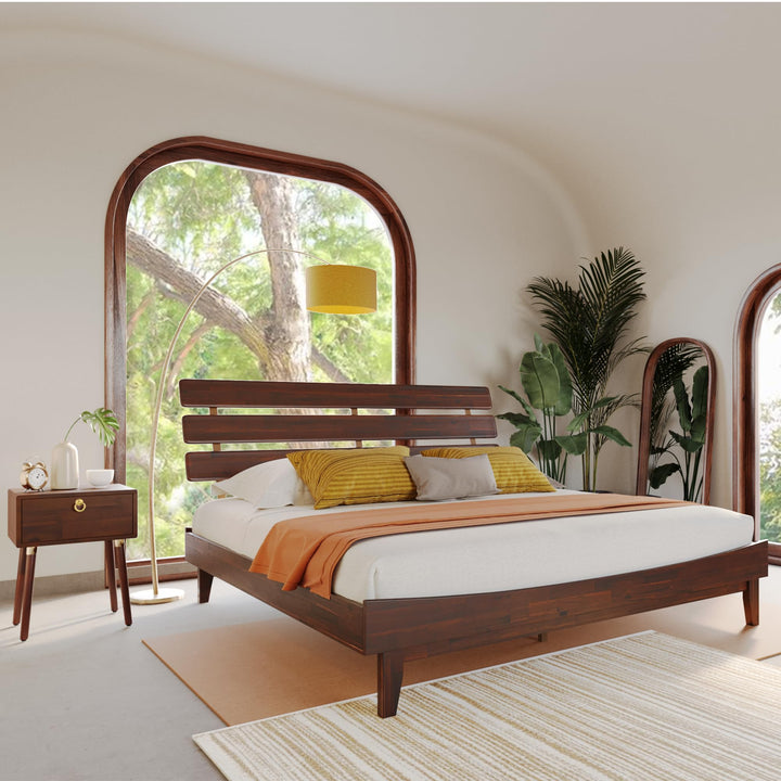 Caden king platform bed frame, featuring headboard and walnut finish, for daily bedroom use
