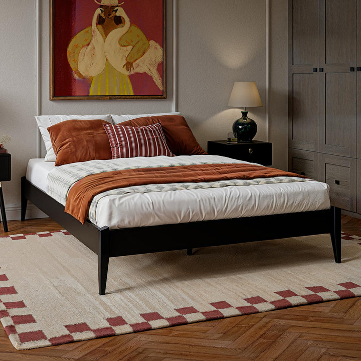 Dinkee queen platform bed frame, featuring headboard- design and black finish, for daily bedroom use