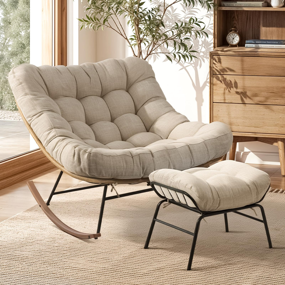 Metal moon rocking chair with ottoman with beige cushion and wood-texture frame for indoor reading