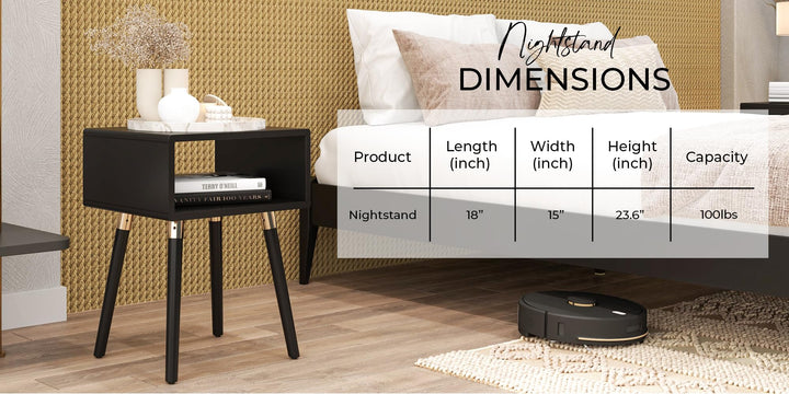 Dinkee nightstand, featuring black finish and bedside storage, for small-item storage