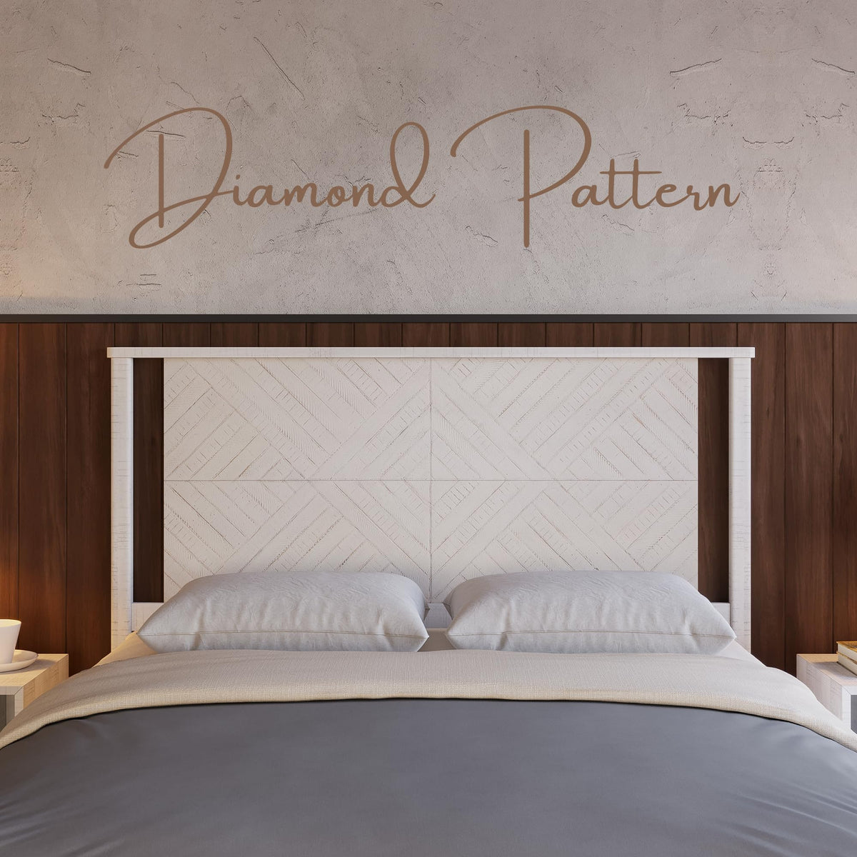 Ethan queen bed headboard, featuring rustic white finish, for bedroom styling