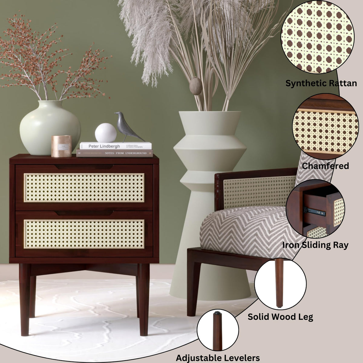 Oliver 2-drawer nightstand with walnut finish and bedside storage; for bedside essentials