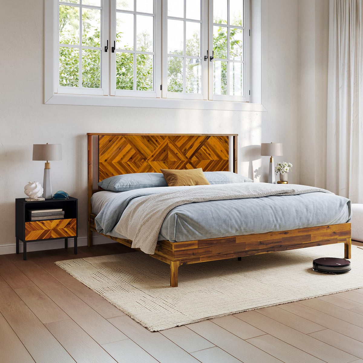 Ethan king platform bed frame with rustic caramel finish; for sleep-space furnishing