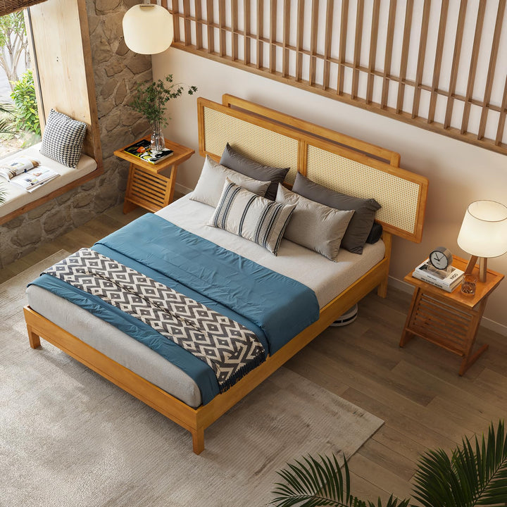 Neil queen platform bed frame with teak brown finish; for sleep-space furnishing