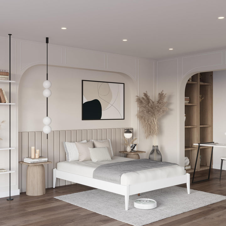 Dinkee queen platform bed frame, featuring headboard- design and white finish, for a platform bed setup