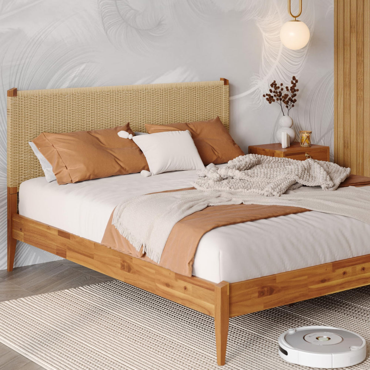 Selina queen platform bed frame, featuring caramel finish, for a platform bed setup