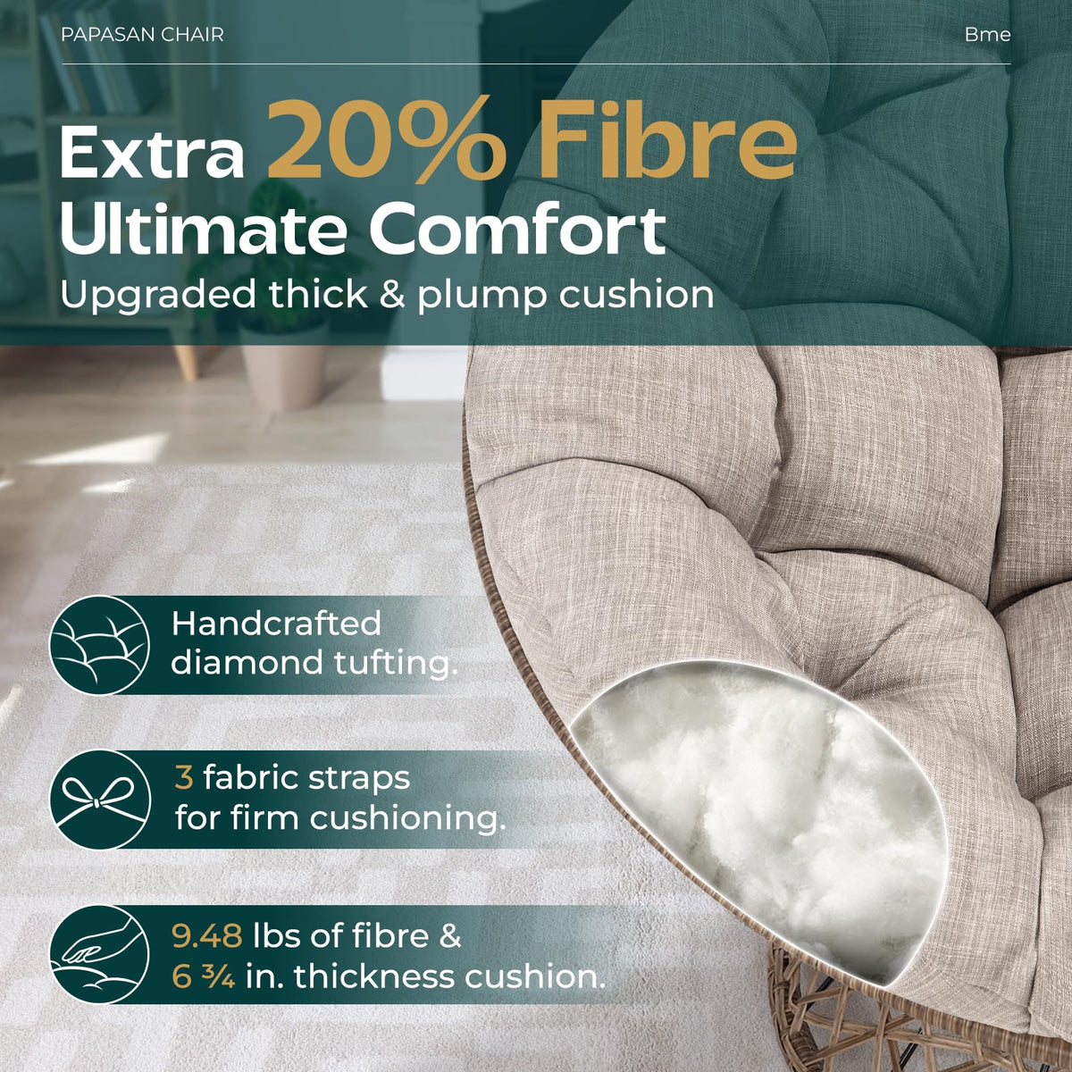 Papasan chair with silver cloud cushion and brown frame; for relaxation