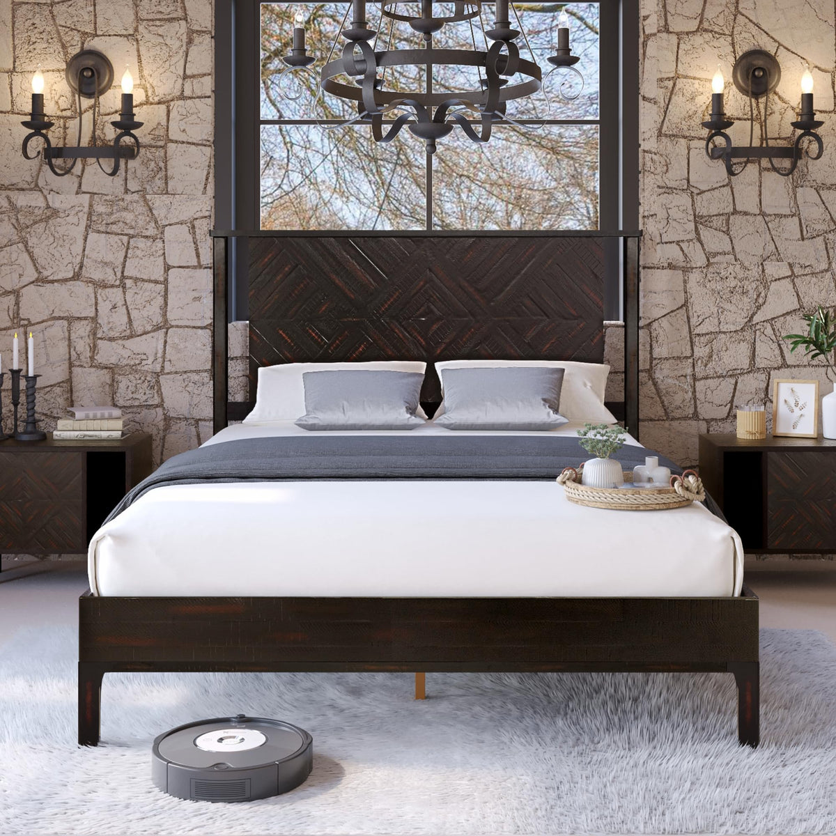 Ethan queen platform bed frame with headboard and rustic black finish for bedroom setup