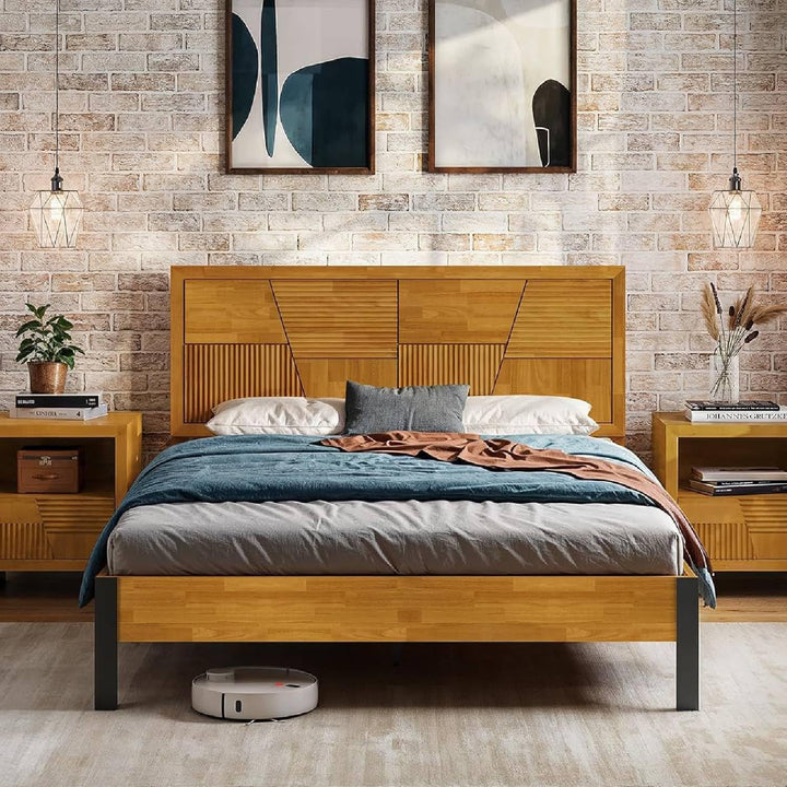 Trapeze queen platform bed frame with teak brown finish for bedroom setup