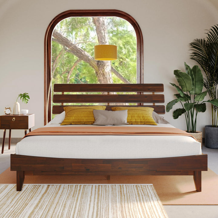 Caden king platform bed frame with headboard and walnut finish for bedroom setup