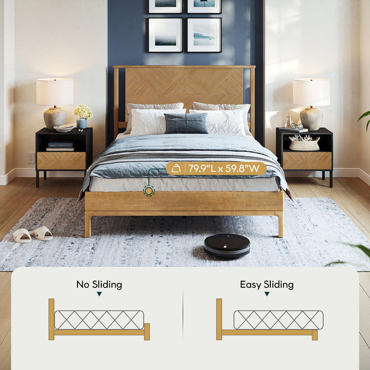 Ethan queen platform bed frame, featuring rustic seadrift finish, for a platform bed setup