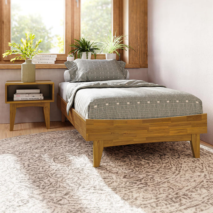 Catherine twin platform bed frame with teak brown finish for bedroom setup