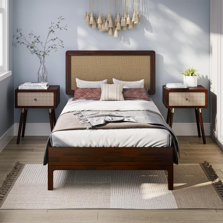 Nipe twin platform bed frame with headboard and walnut finish for bedroom setup
