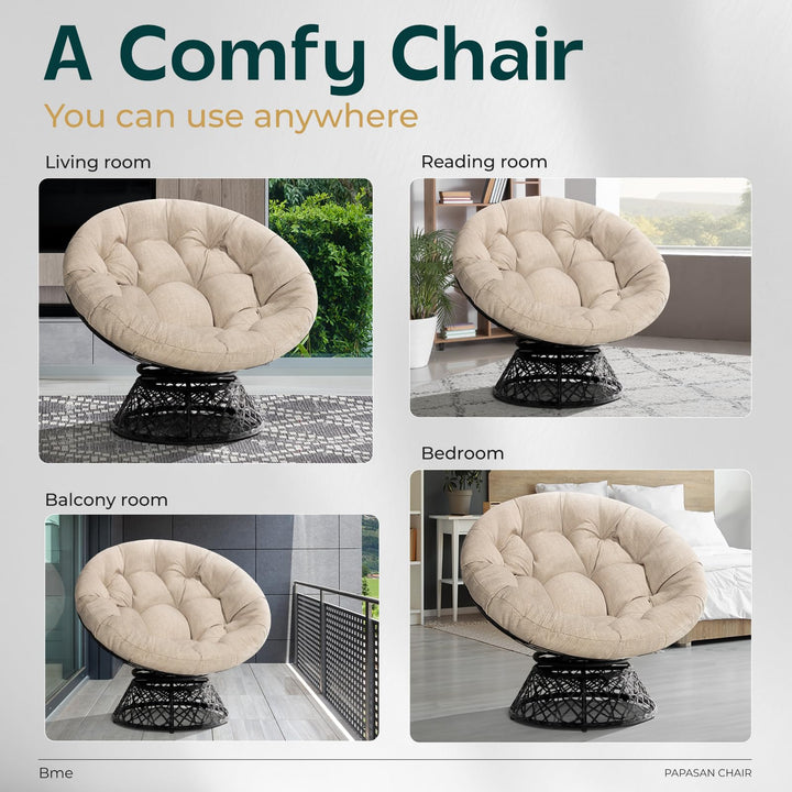 Papasan chair, featuring sepia sand cushion, for a lounge area