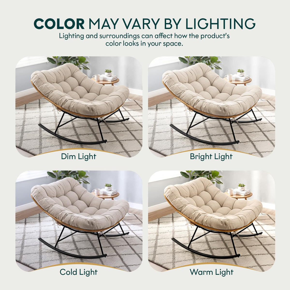 Metal moon rocking chair with beige cushion and black matte frame for casual indoor use