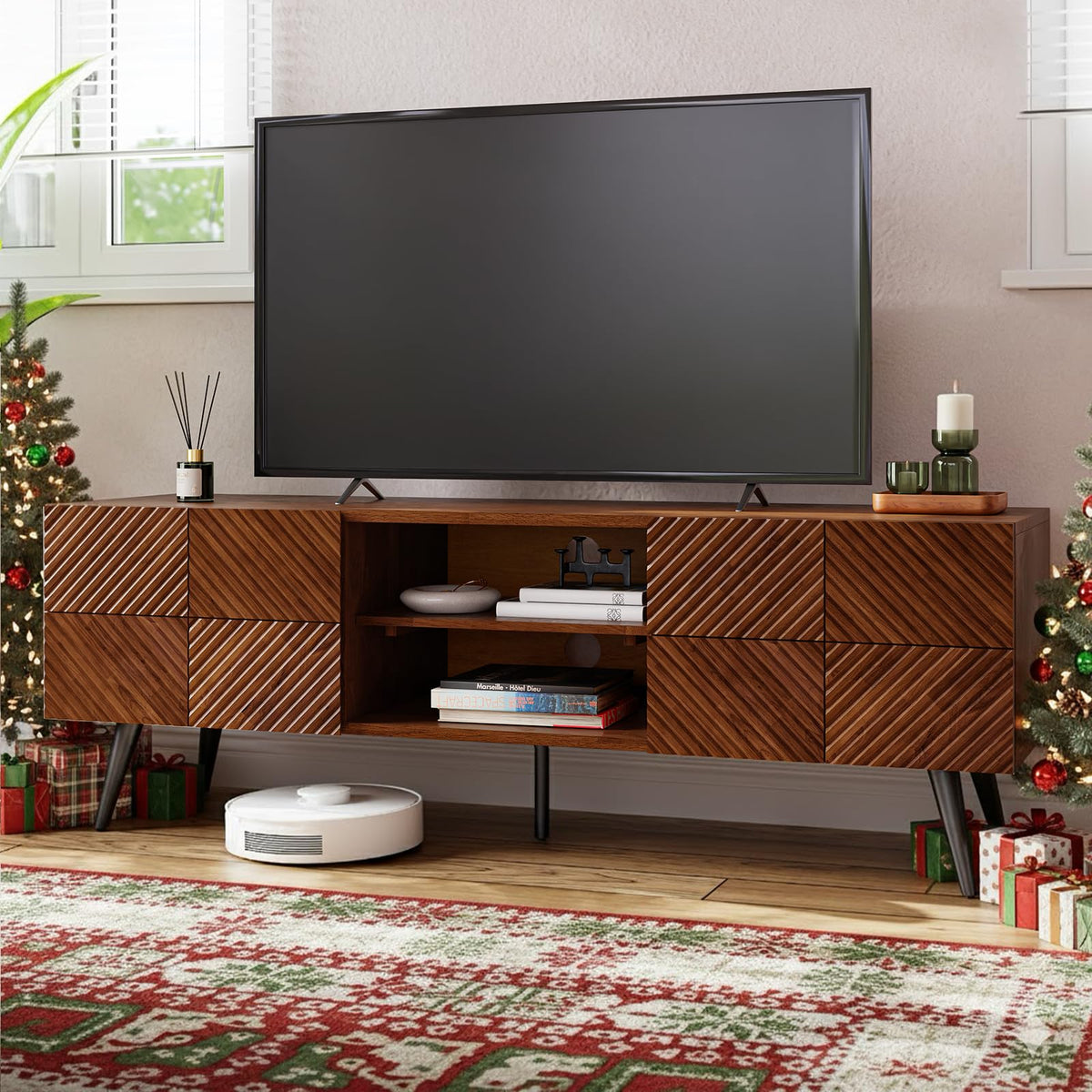 Rhombus TV stand with walnut finish and media storage for media storage