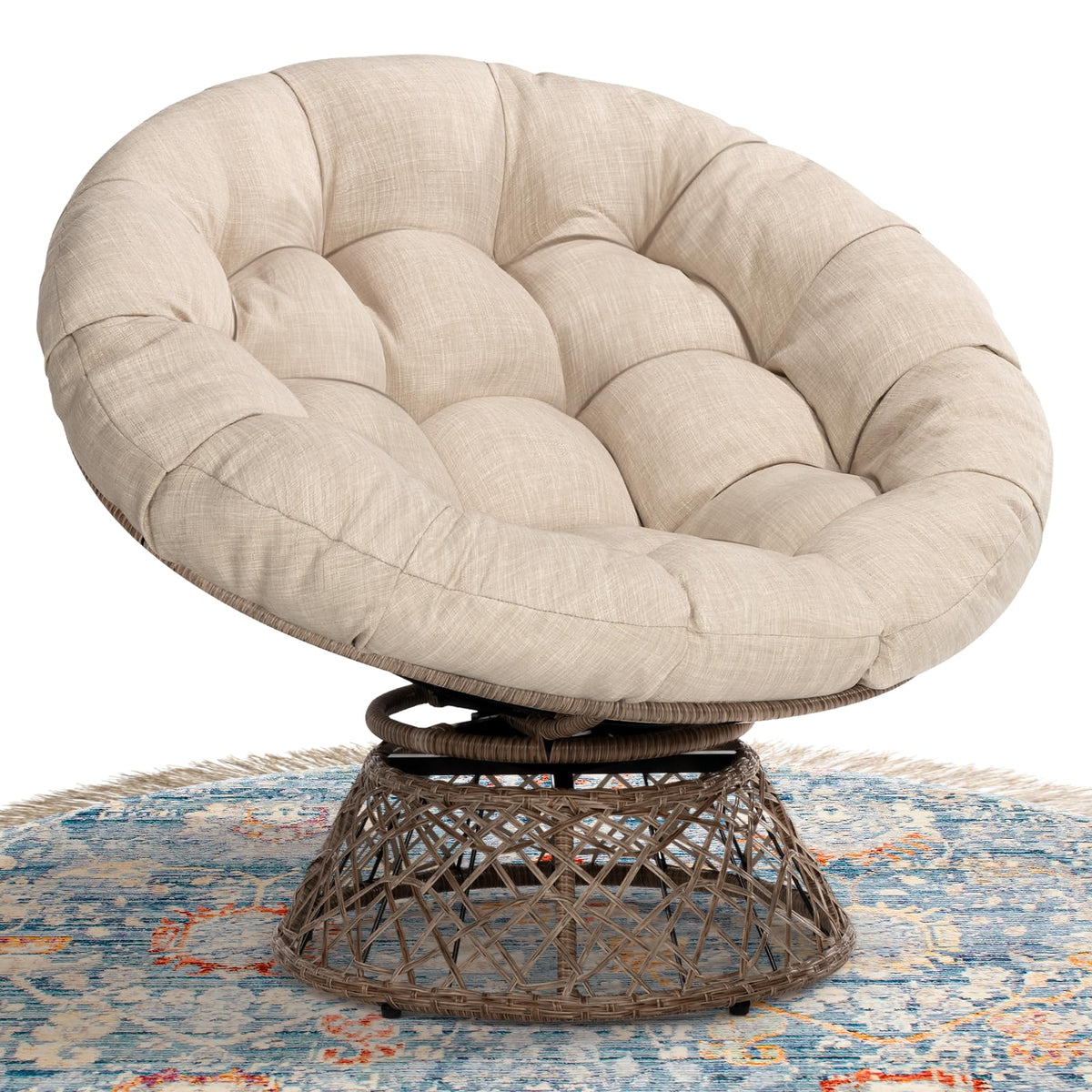 Papasan chair with sepia sand cushion and brown frame for indoor lounge seating