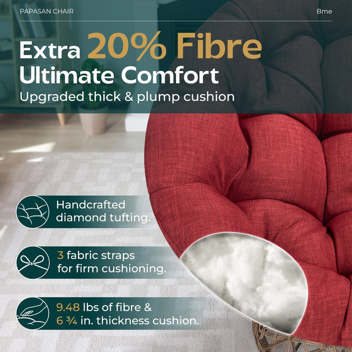 Papasan chair, featuring cherry sangria cushion and brown frame, for a reading corner