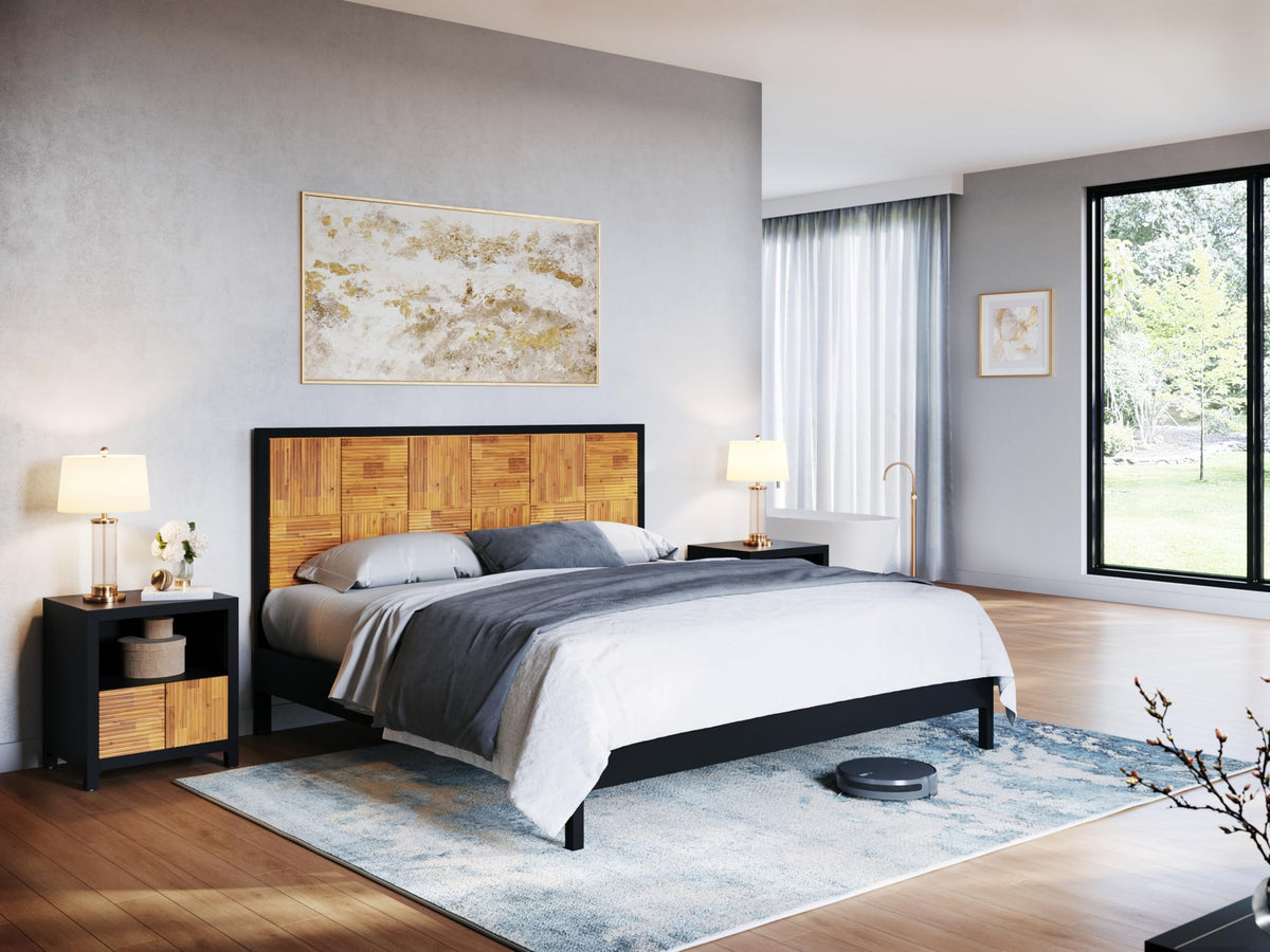 Madia nightstand, featuring black & teak brown finish and bedside storage, for small-item storage