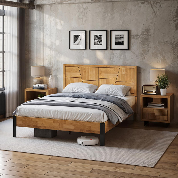 Trapeze king platform bed frame, featuring natural finish, for a platform bed setup